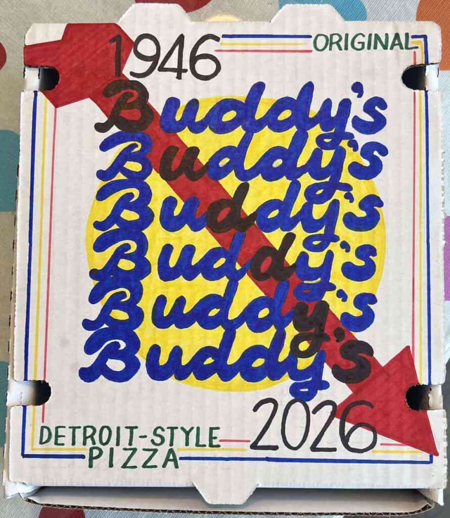 Vintage-style Buddy's Pizza logo with bold colors and Detroit-style pizza theme.