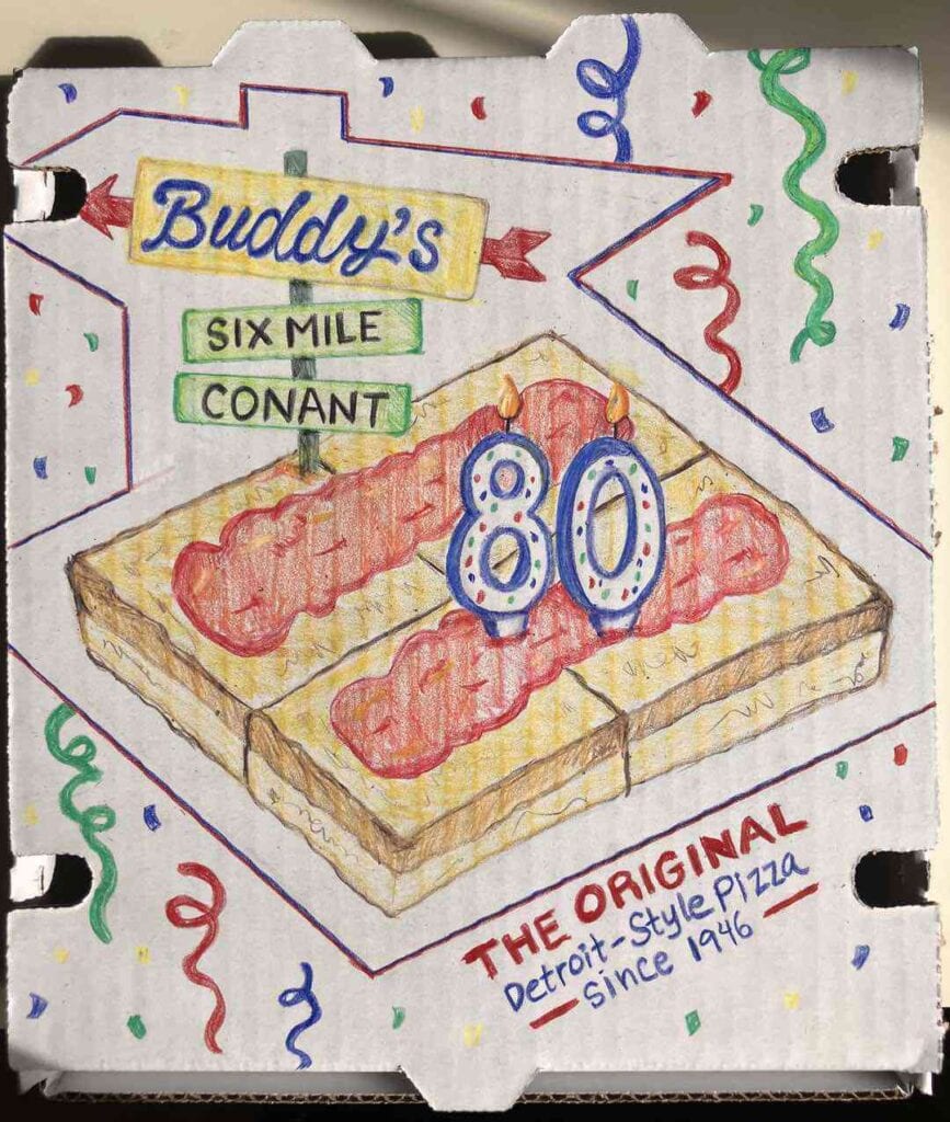 Illustration of Buddy's Pizza celebrating 80 years with a slice and candles.