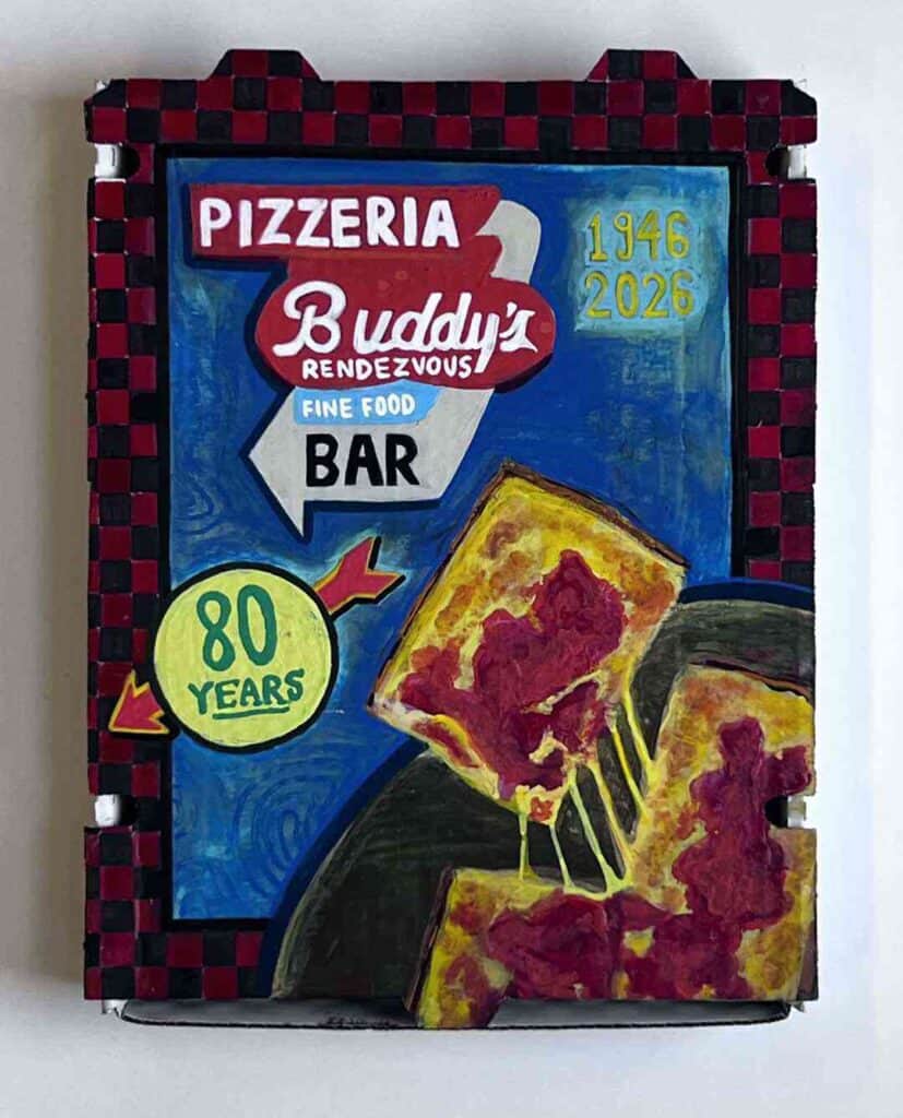 Vintage Buddy's Pizza sign celebrating 80 years of pizza, featuring colorful artwork and anniversary.