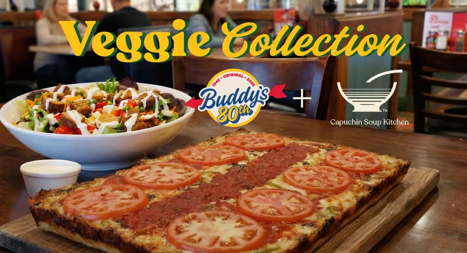 Veggie Collection featuring fresh salads and vegetarian pizza options at Buddy’s Pizza.