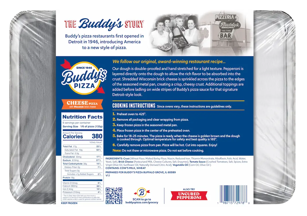 Buddy's Pizza cheese pizza with fresh ingredients and crispy crust.
