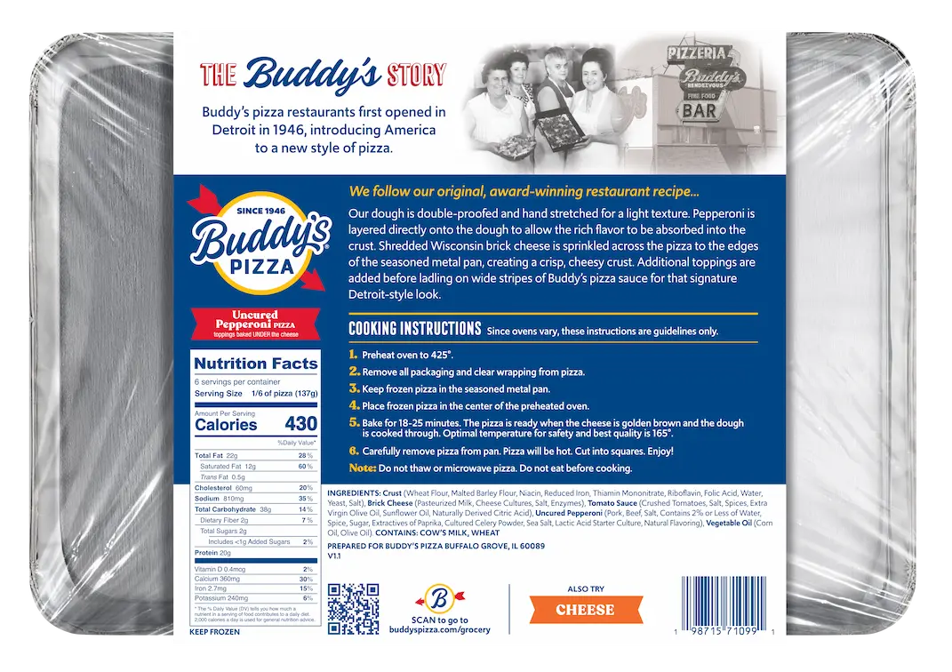 Buddy's Pizza packaging with cheese and ingredients, ready for baking.