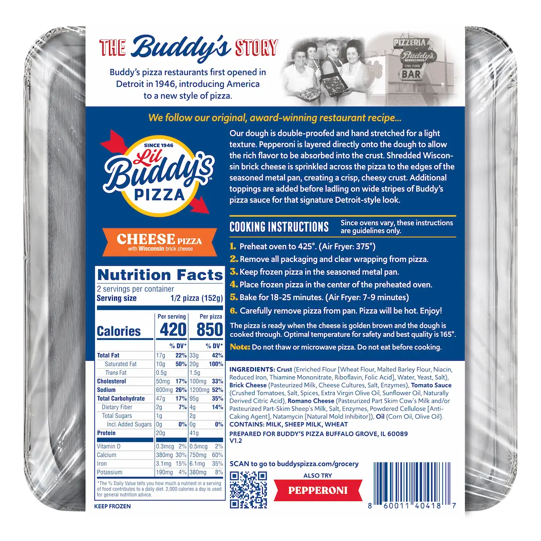 Buddy's Pizza cheese pizza with golden crust and melted cheese, ready to enjoy.