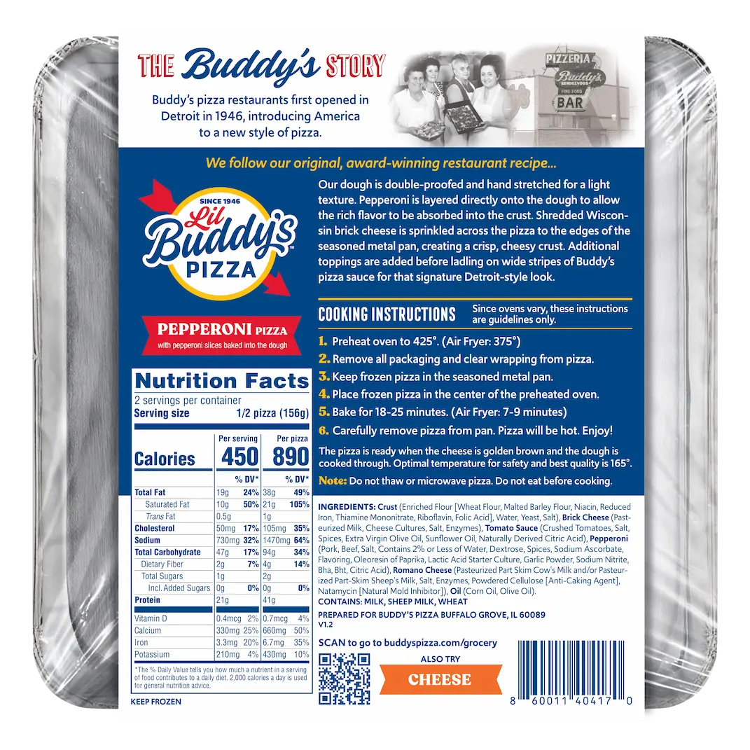 Buddy's Pizza logo and menu board with cooking instructions and nutrition info.